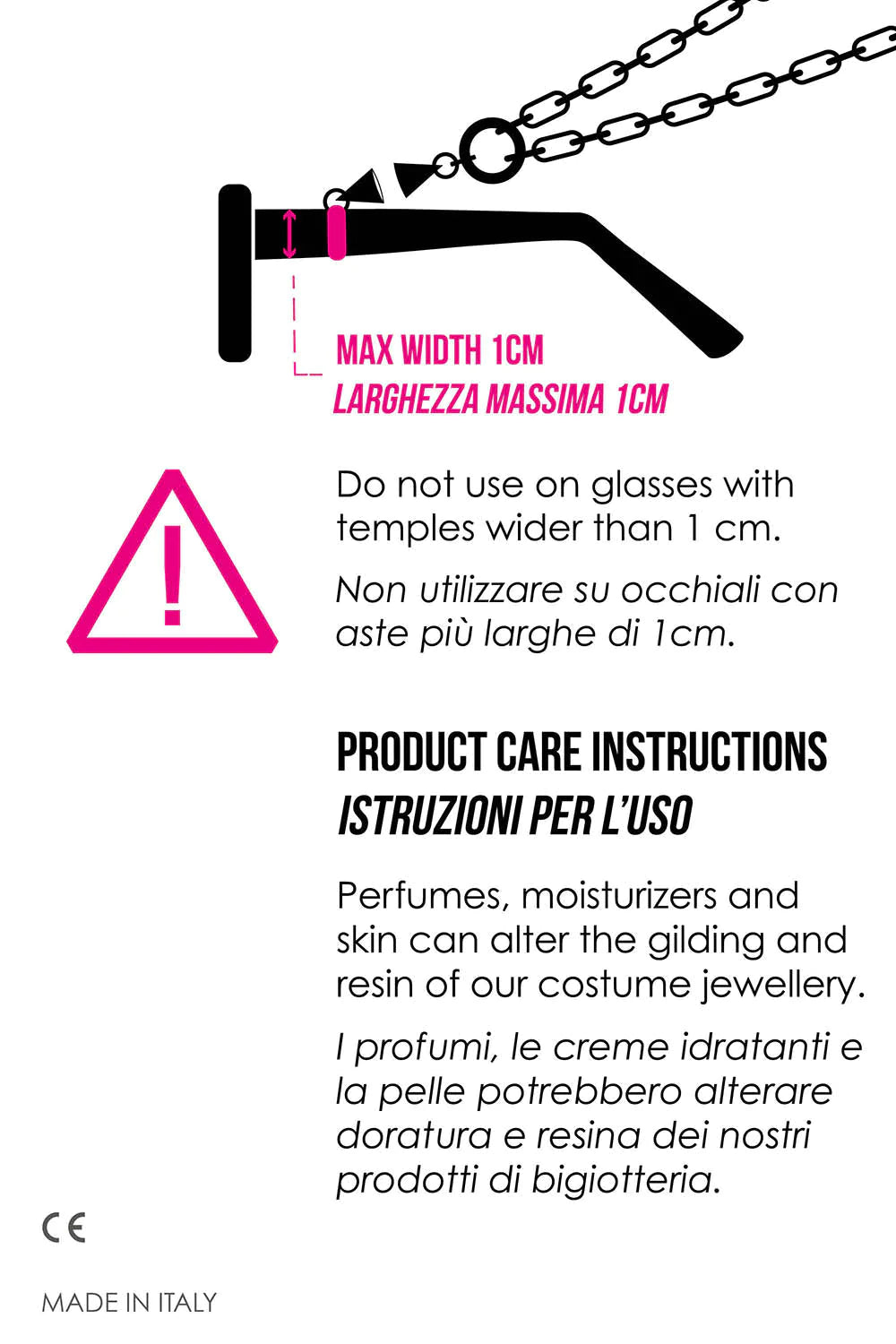 Avvertenza: non usare su aste più larghe di 1 cm. Istruzioni di cura del prodotto.